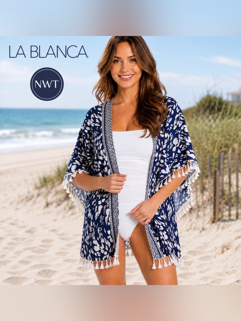 NWT La Blanca Changing Tides Tassel Kimono Swim Cover Up One Size Blue Beachy